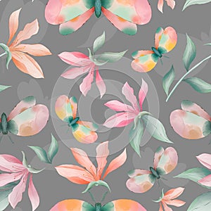 Magnolia flowers and moths seamless pattern