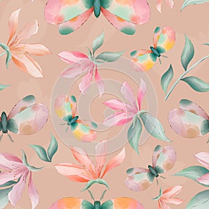 Magnolia flowers and moths seamless pattern