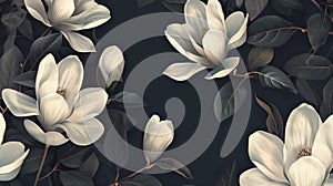 Magnolia flowers pattern with natural dark green leaf background.