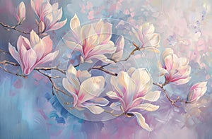 Magnolia Flowers on a Tree Branch Painting.