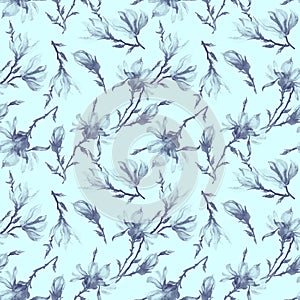 Magnolia flowers on a twig. Seamless pattern. Semitransparent grey flowers on light blue background.