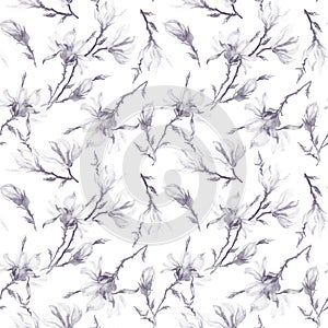 Magnolia flowers on a twig. Seamless pattern. Semitransparent grey flowers on white background. Seamless floral pattern.