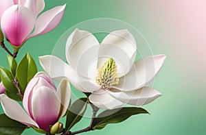 Magnolia and green leaves on white a beautiful painting