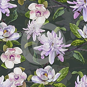 Magnolia seamless vintage pattern on dark background