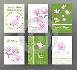 Magnolia. Set of six cards with traditional Japanese flowers. Fo