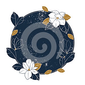 Magnolia vector round frame. Vintage hand drawn illustration with magnolia flowers,buds and leaves on shabby deep blue background.