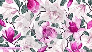 Floral vector and realistic background with white and pink magnolias. photo