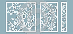 Magnolias flowers pattern. Set, panel for registration of the decorative surfaces. Vector illustration of a laser cutting. Plotter