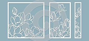 Magnolias flowers pattern. Set, panel for registration of the decorative surfaces. Vector illustration of a laser cutting. Plotter photo