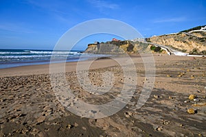 Magoito Beach, beautiful sandy beach on Sintra coast, Lisbon district, Portugal, part of Sintra-Cascais Natural Park with natural