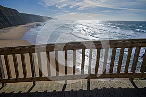 Magoito Beach, beautiful sandy beach on Sintra coast, Lisbon district, Portugal, part of Sintra-Cascais Natural Park with natural