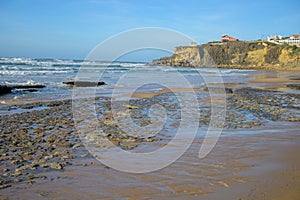 Magoito Beach, beautiful sandy beach on Sintra coast, Lisbon district, Portugal, part of Sintra-Cascais Natural Park with natural