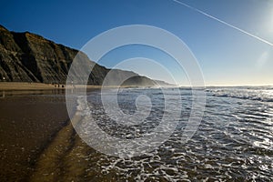 Magoito Beach, beautiful sandy beach on Sintra coast, Lisbon district, Portugal, part of Sintra-Cascais Natural Park with natural