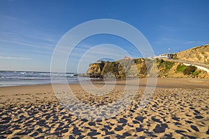 Magoito Beach, beautiful sandy beach on Sintra coast, Lisbon district, Portugal, part of Sintra-Cascais Natural Park with natural