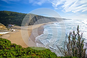 Magoito Beach, beautiful sandy beach on Sintra coast, Lisbon district, Portugal, part of Sintra-Cascais Natural Park with natural