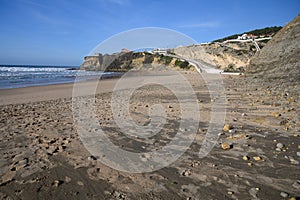 Magoito Beach, beautiful sandy beach on Sintra coast, Lisbon district, Portugal, part of Sintra-Cascais Natural Park with natural