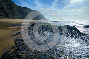 Magoito Beach, beautiful sandy beach on Sintra coast, Lisbon district, Portugal, part of Sintra-Cascais Natural Park with natural