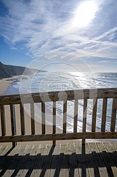 Magoito Beach, beautiful sandy beach on Sintra coast, Lisbon district, Portugal, part of Sintra-Cascais Natural Park with natural