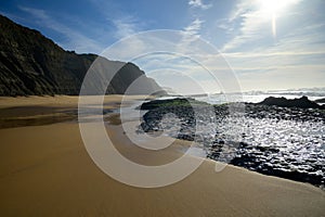 Magoito Beach, beautiful sandy beach on Sintra coast, Lisbon district, Portugal, part of Sintra-Cascais Natural Park with natural