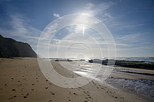 Magoito Beach, beautiful sandy beach on Sintra coast, Lisbon district, Portugal, part of Sintra-Cascais Natural Park with natural