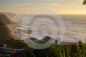 Magoito Beach, beautiful sandy beach on Sintra coast, Lisbon district, Portugal, part of Sintra-Cascais Natural Park with natural