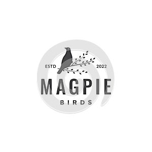 magpie bird perched twig tree leaves singer forest hipster logo design icon vector illustration