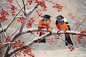 Magpies on Snowy Persimmon Tree with Red Fruits. Generative Ai