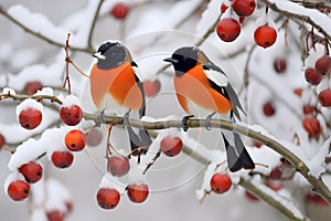 Magpies on Snowy Persimmon Tree with Red Fruits. Generative Ai