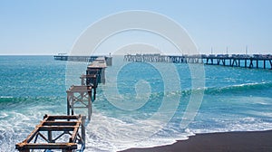 Maguillines old Port, Constitucion, Maule, Chile, aerial photo with horizontal drone, old port, sea