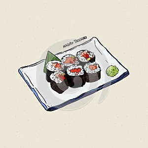 Maguro taku maki, hand draw sketch vector