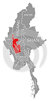 Magwe red highlighted in map of Myanmar