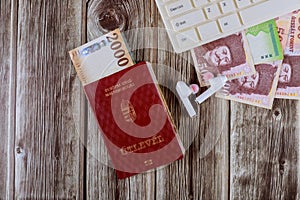 Magyar passport and computer keyboard with forint different mixed banknotes