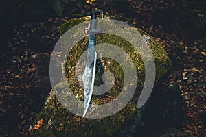 Magyc sword on mosse rock in forest.
