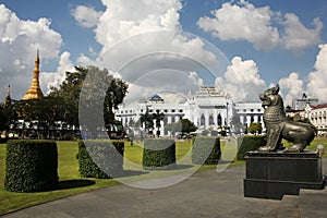 Maha Bandula Park, which is surrounded by Sule Pagoda, and Yangon City Hall, Yangon, Myanmar