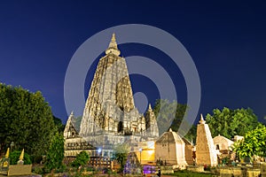 Mahabodhi temple at night, bodh gaya, India. The site where Gautam Buddha attained enlightenment