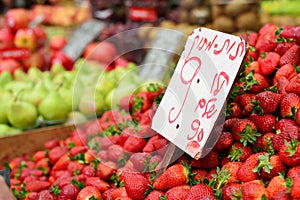 Mahane Yehuda Market in Jerusalem. Close up strawberries for sal