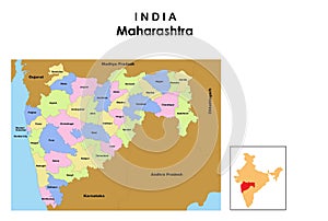 Maharashtra map. district names in Maharashtra. Maharashtra map with border. Maharashtra location in India map