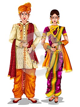 Maharashtrian wedding couple in traditional costume of Maharashtra, India photo
