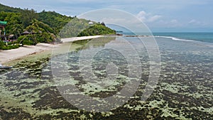 Mahe Island, Seychelles. Aerial view of tropical ocean shallow lagoon at Anse Forbans