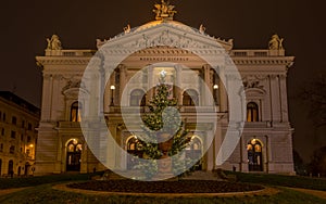 Mahen Theatre in Brno at night before Christmas, front view