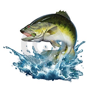 Bass fish jumping out of the water illustration isolate realism. photo