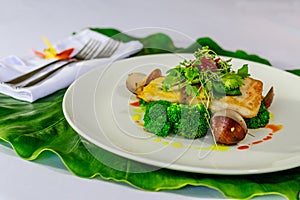 Mahi-mahi fillet and clams with broccoli and fresh herbs