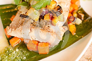 Mahi with pineapple salsa on banana leaf