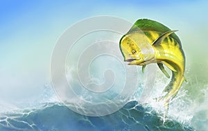 Mahi mahi yellow or dolphin fish on sea wave. Big dorado fish yellow-green realistic background illustration photo