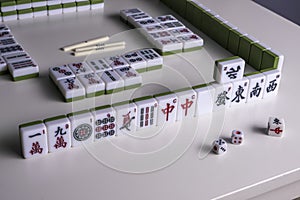 Mahjong. Riichi Mahjong set for playing. Space for text