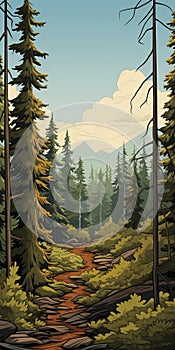 Mahogany Forest In Rocky Mountains: Vibrant Illustration Of A Serene Wilderness