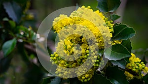 Mahonia aquifolium or Oregon grape blossom in spring garden. Soft selective focus of bright yellow flowers. Wonderful background