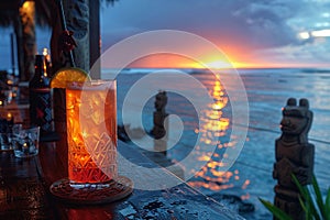 Mai Tai with a backdrop of Polynesian tiki statues and a Pacific island sunset.