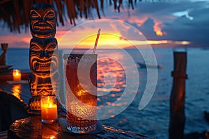 Mai Tai with a backdrop of Polynesian tiki statues and a Pacific island sunset.