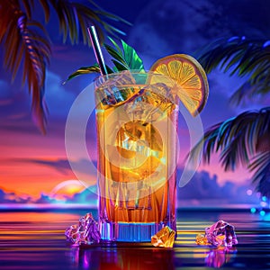 Mai Tai Cocktail Cocktail on Neon Background, Tropical Mocktail, Maitai Beach Party Coctail